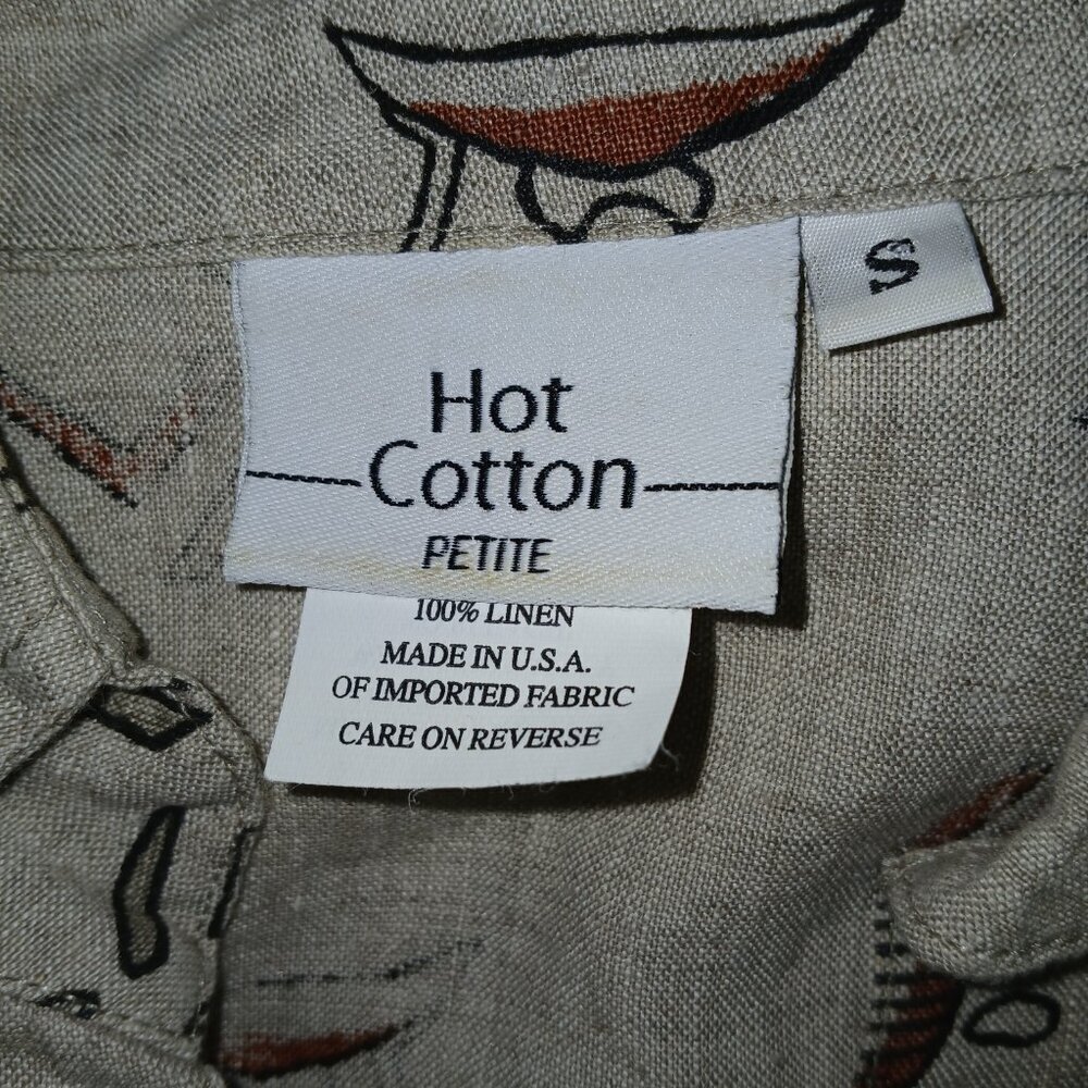 HOT COTTON BY MARC WARE LINEN TOP, SIZE PETITE LARGE, BEIGE, CARIBBEAN ARTSY - Picture 6 of 8